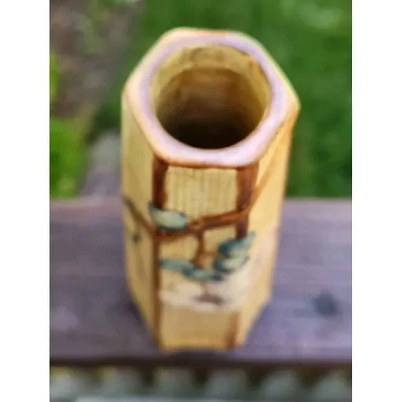 Antique Weller Pottery Klyro Hexagon Bud Vase Blue Grapes Pink Red Flowers 7.5" - Picture 7 of 7